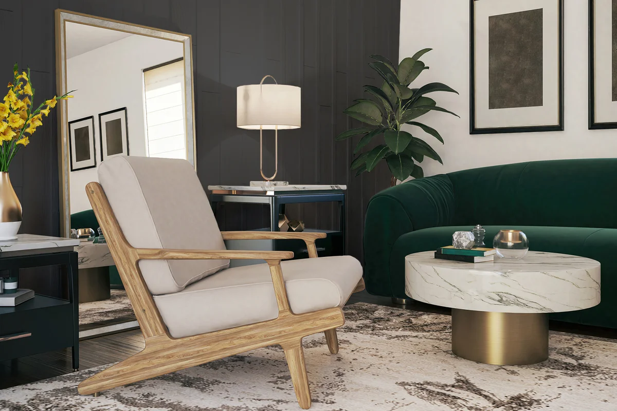 Modern living room with cozy armchair and sofa