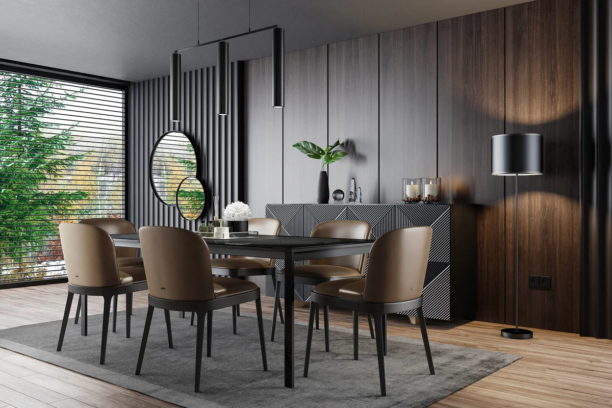 Luxury dark dining room interior with table and six chairs
