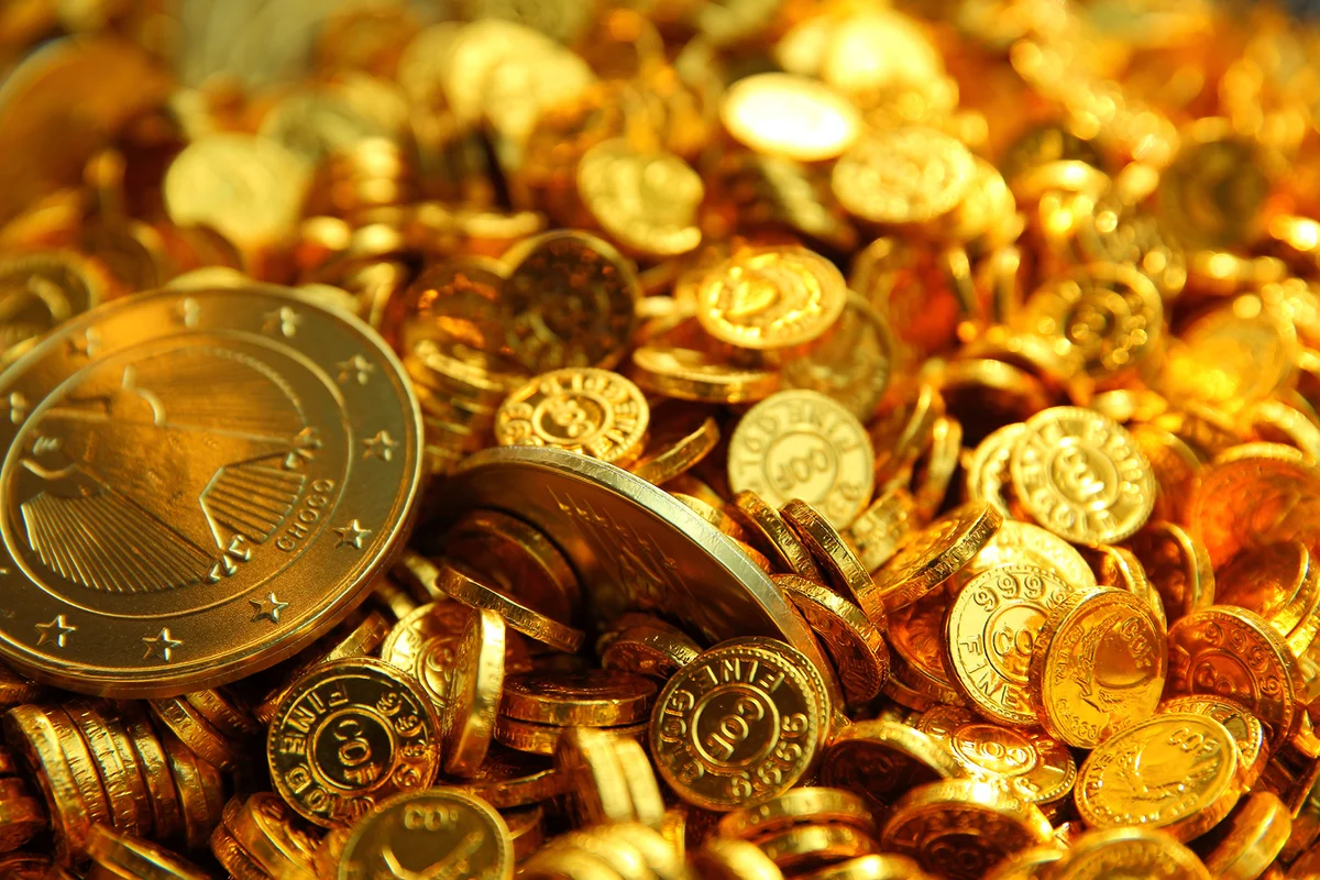 A pile of gold chocolate coins.