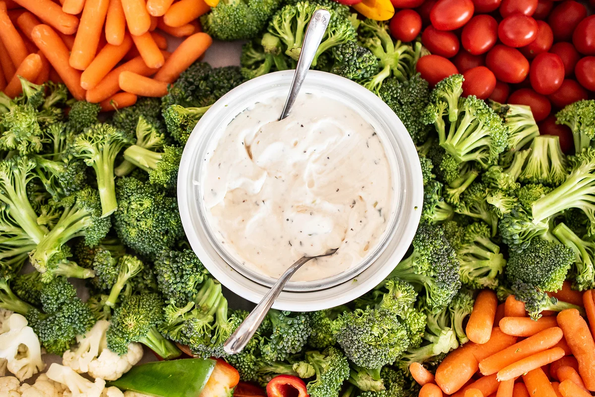 Directly above plate filled with various vegetables
