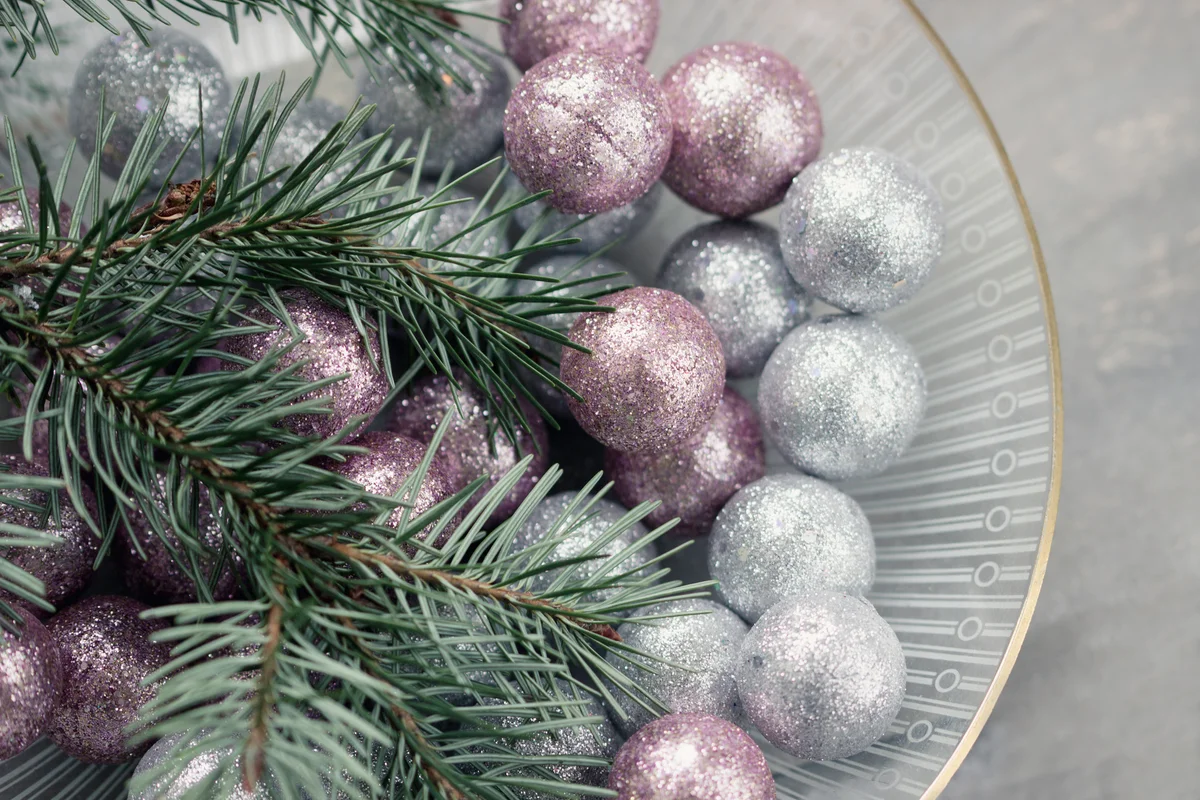 glitter balls in a glass bowl
