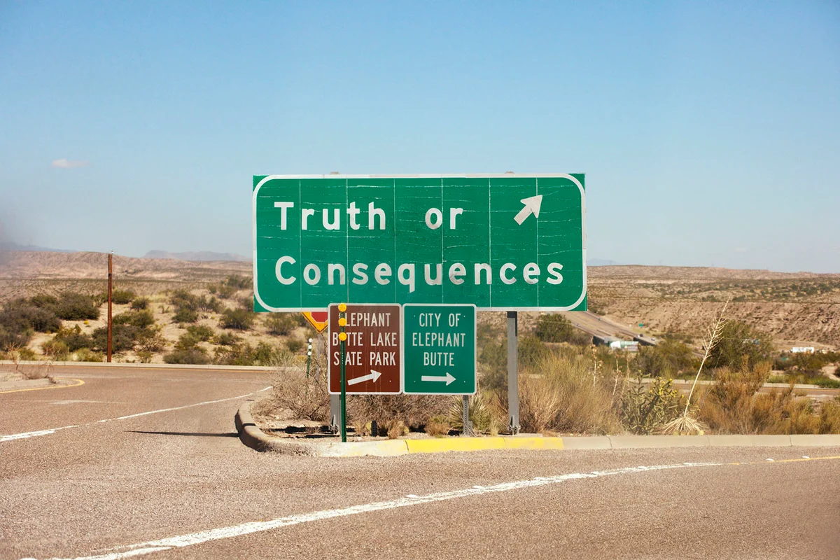 Highway exit sign for Truth of Consequences NM