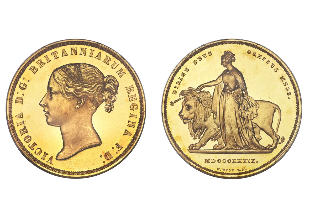 Victoria gold Proof "Una and the Lion" 5 Pounds 1839