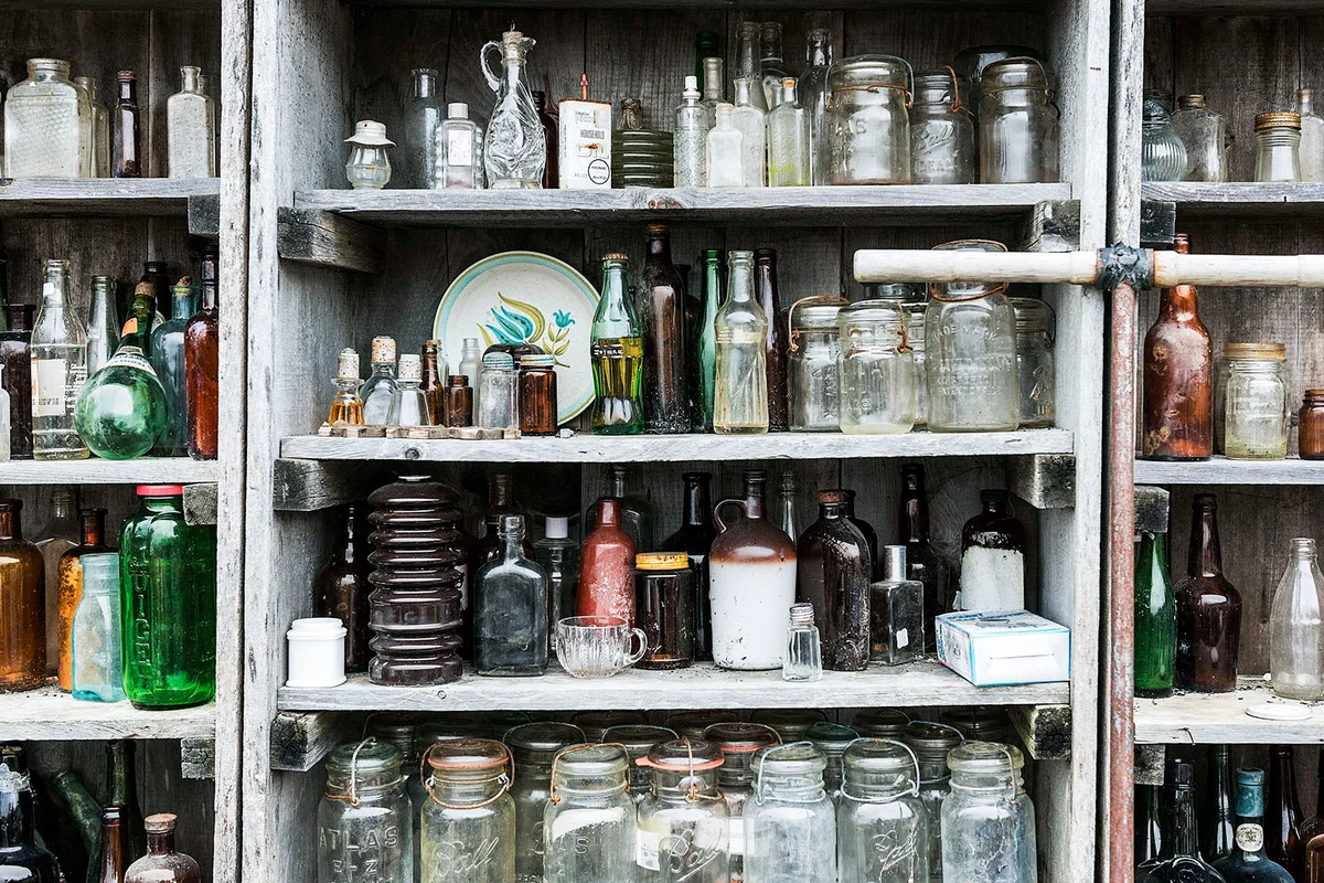 Old bottle display at an antique shop