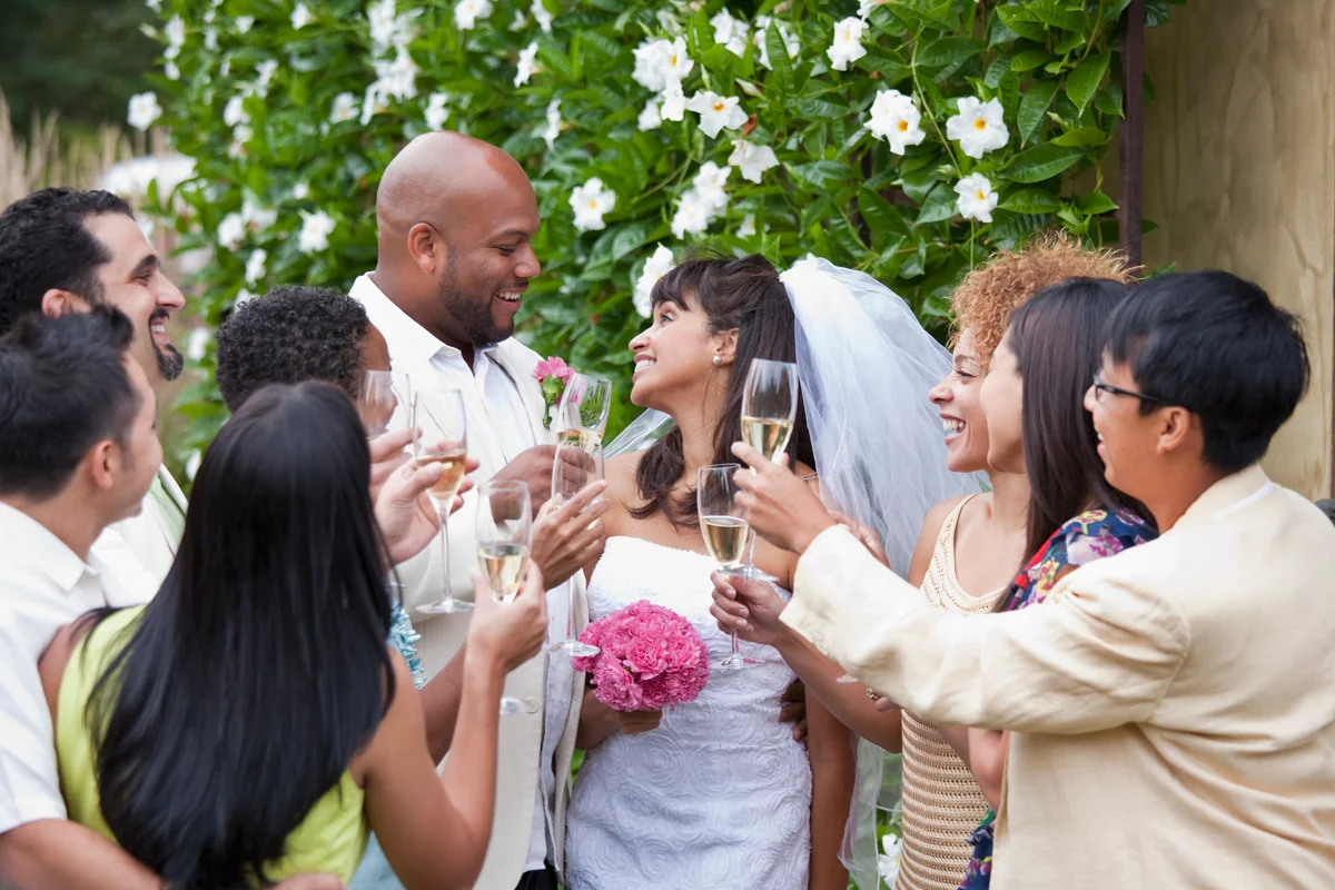guests toasting bride & groom on wedding day