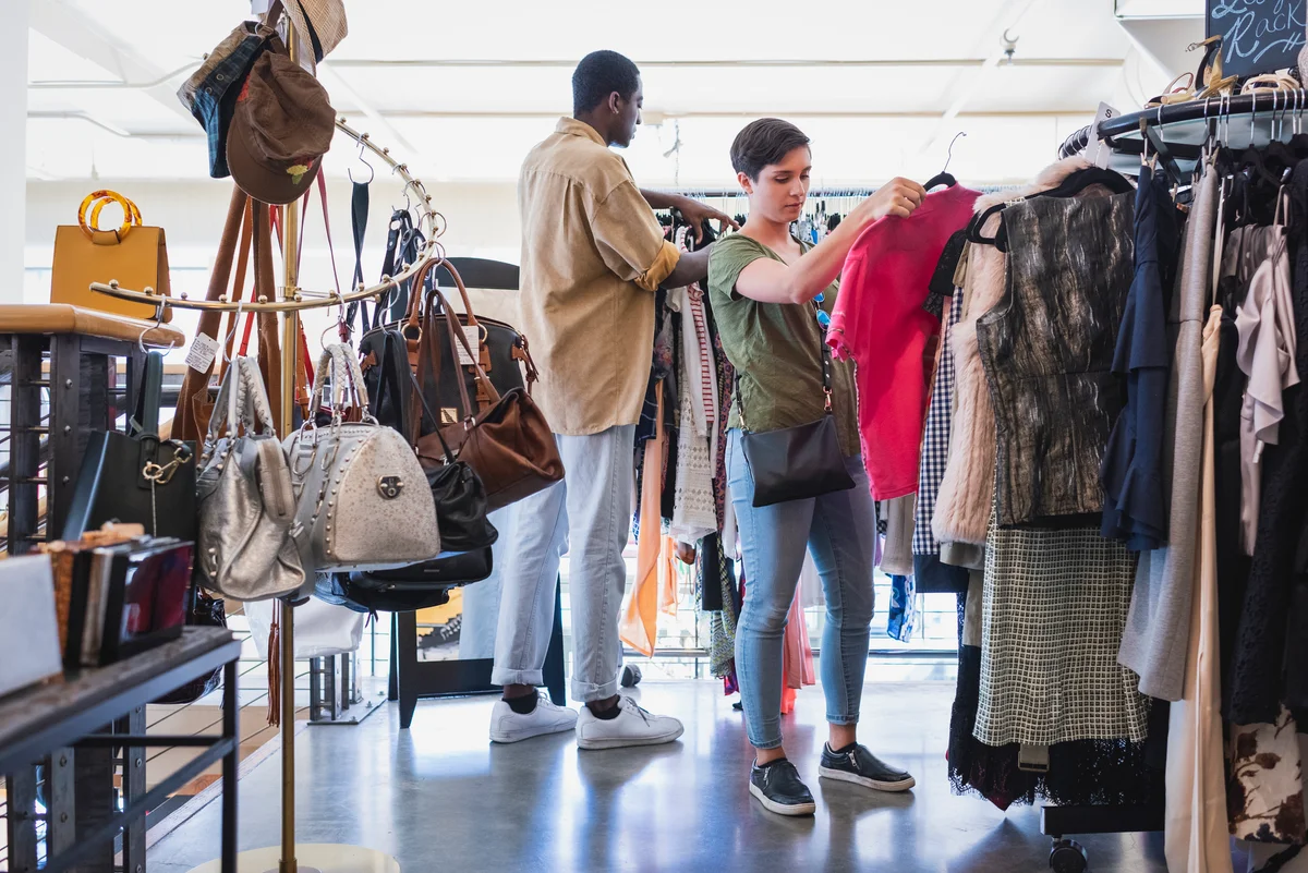 handbags in a thrift shop