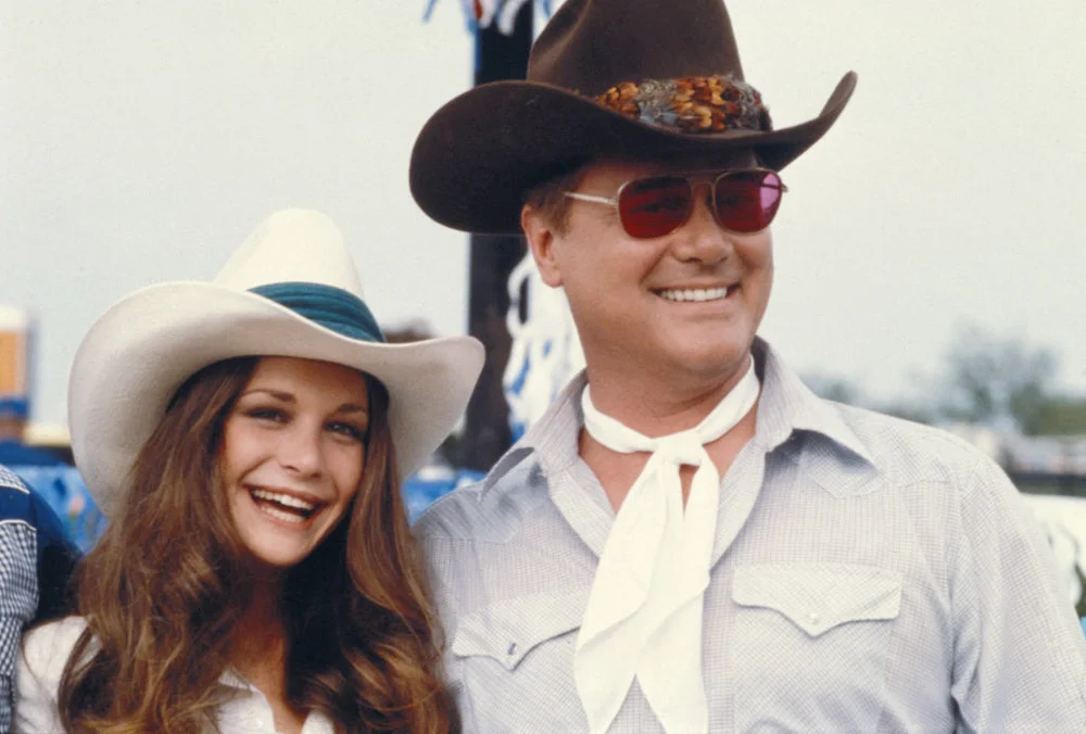 Mary Crosby and Larry Hagman on the set of the television soap opera Dallas