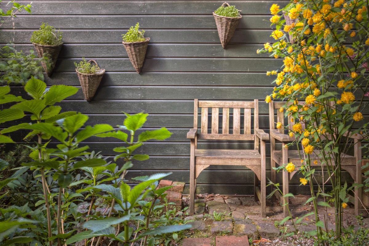 Rustic basket planters on patio