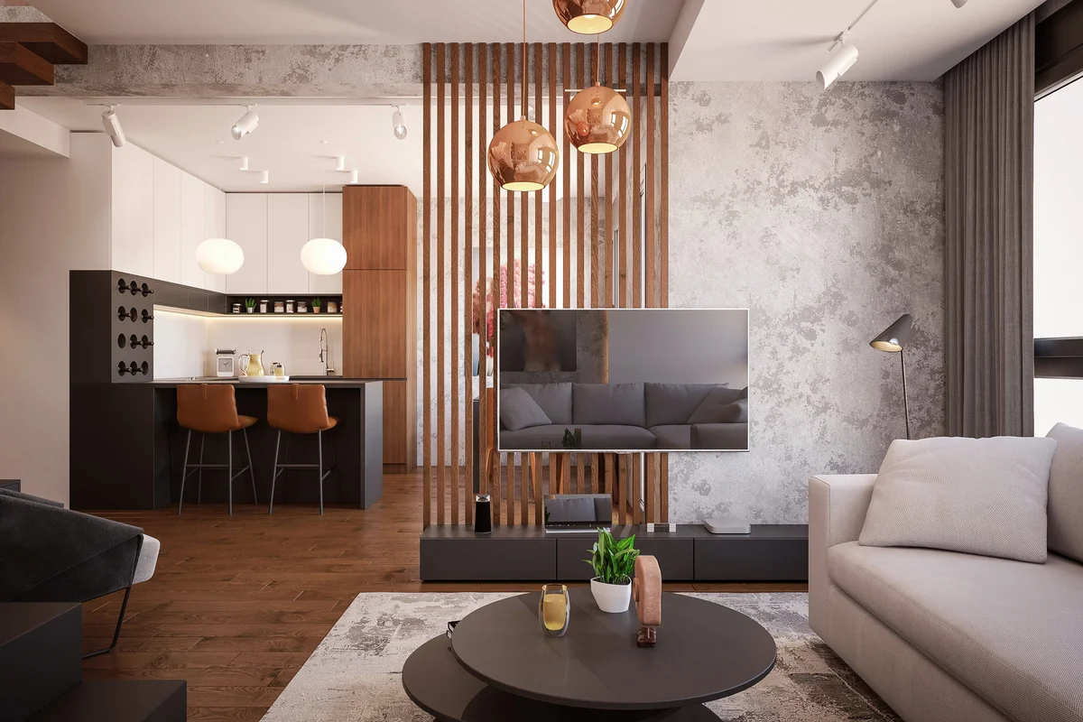 Living room with slat wall