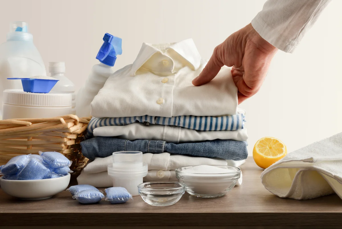 folded shirts & laundry detergent