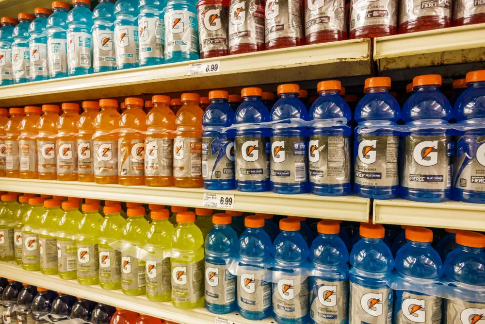 Shelves of sports drinks for sale in Winn Dixie.