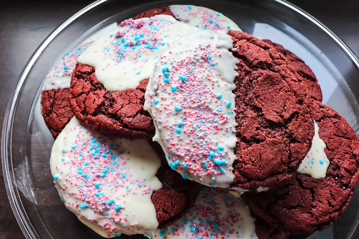 Red velvet cookies piled on top of each other
