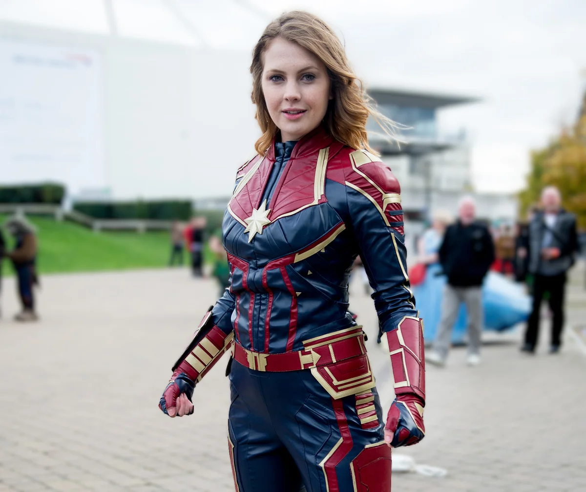 A cosplayer in character as Captain Marvel