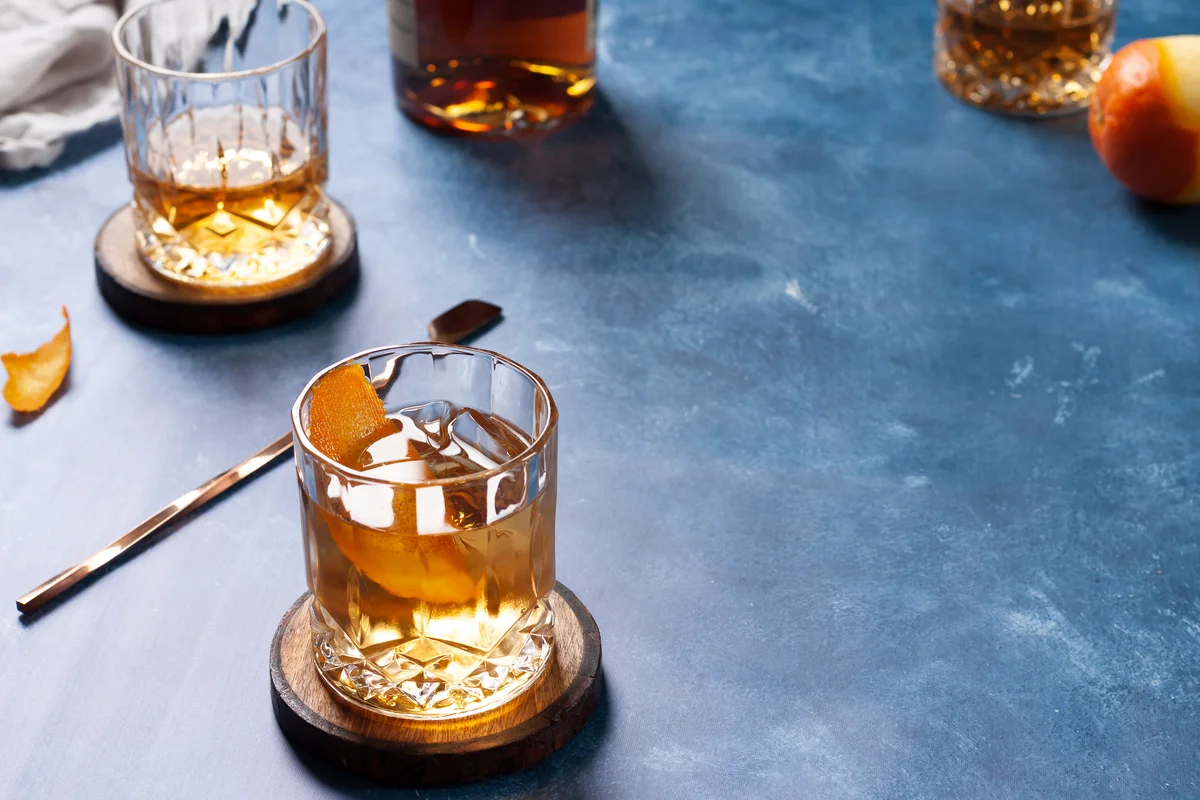 drinks on a blue countertop