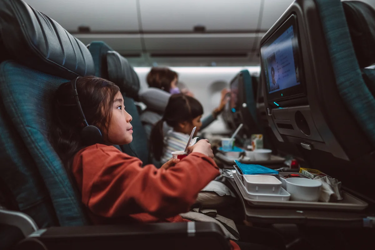 Girls doing activities on plane ride