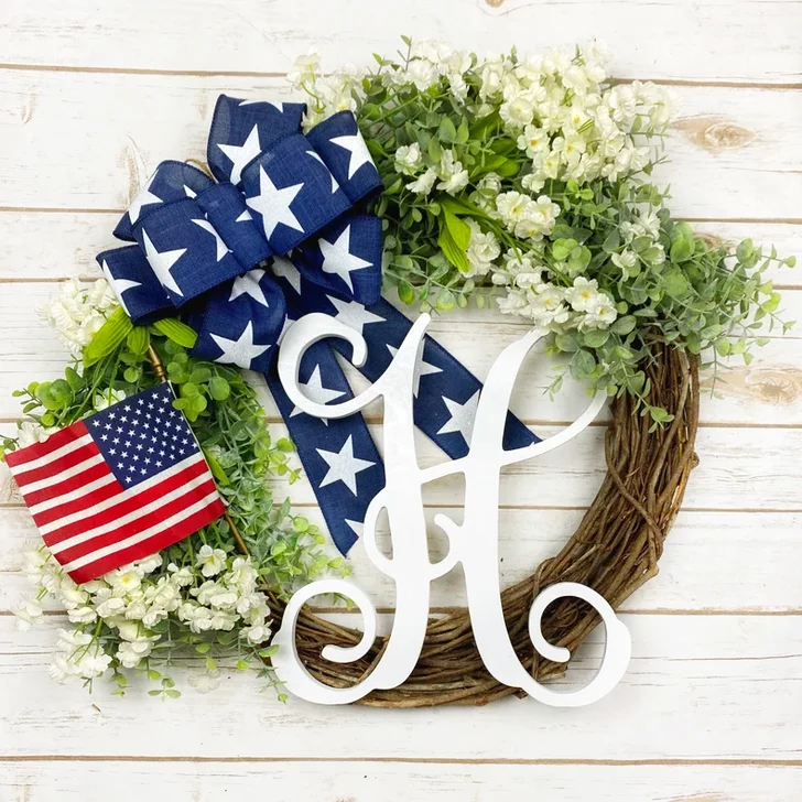 July 4th Front Door Wreath Flag With Monogram