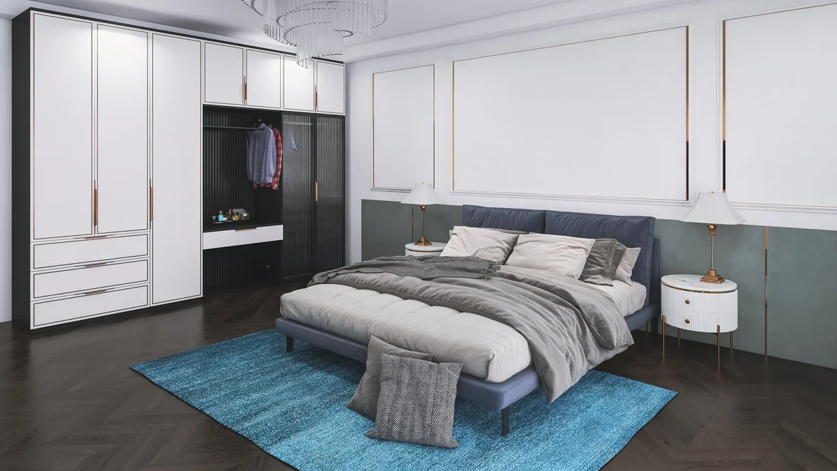 bedroom with black-painted closet