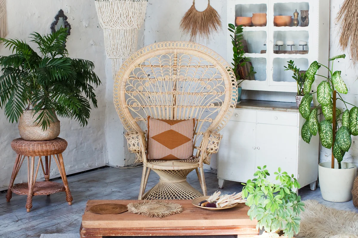 Bohemian interior with peacock armchair