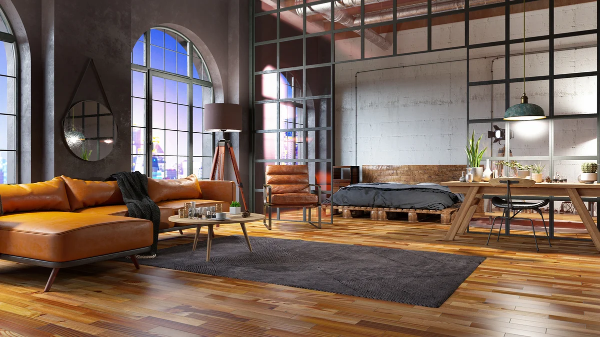 Industrial Style Living Room With Armchair, Corner Sofa, Brick Wall at Night