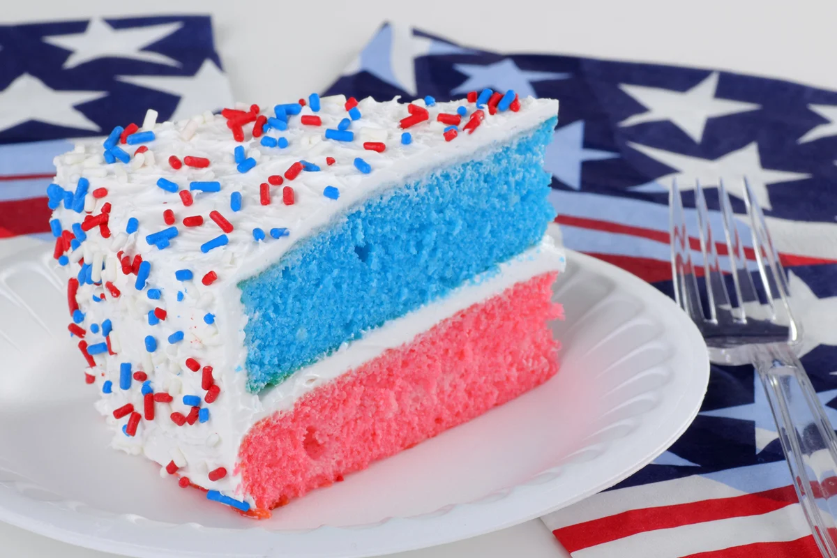 Red white and blue layer cake with sprinkles