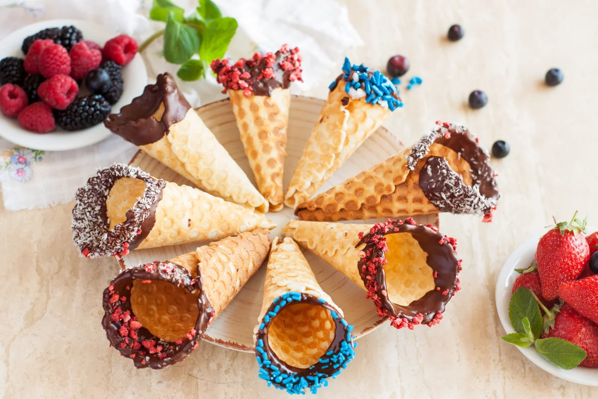 Dark Chocolate-Dipped Waffle Cones with color sprinkles