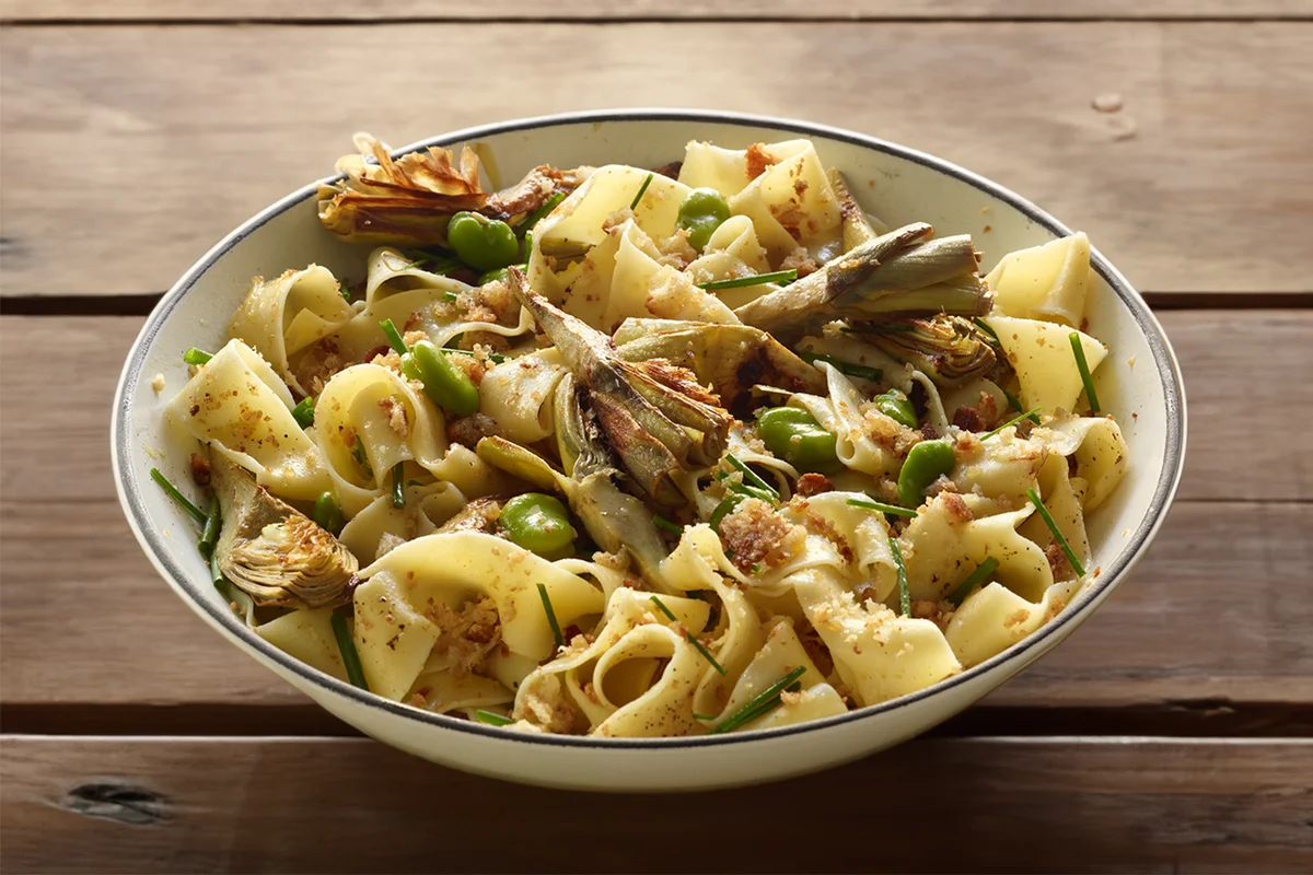 Artichoke pappardelle noddles with fava beans