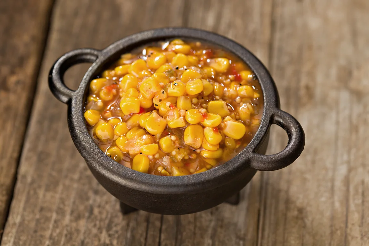 cast iron bowl full of zesty corn salsa