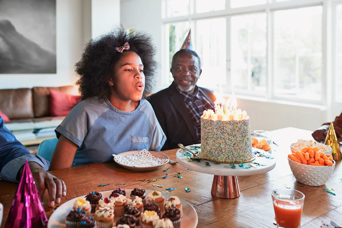 Girl blowing candles during birthday celebration