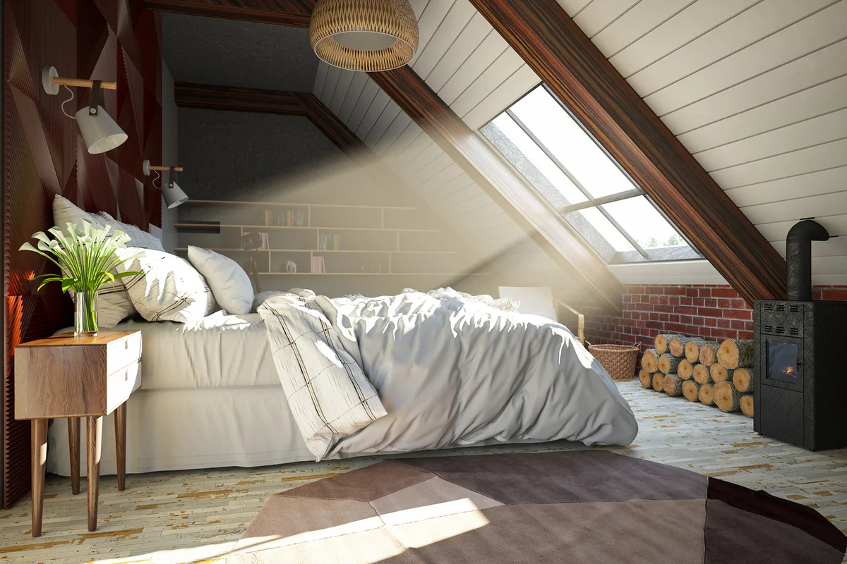 Loft Bedroom in the Attic with Sunbeam Through the Window