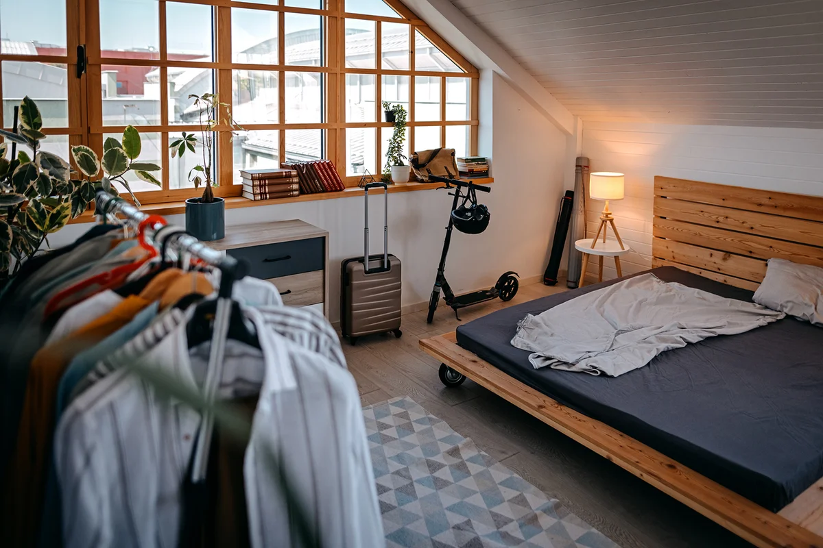 Modern bedroom with clothes rack