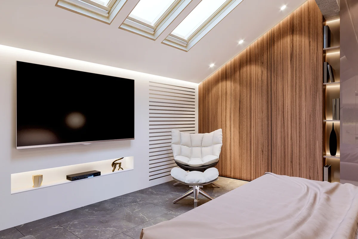 Modern bedroom interior with large tv screen.