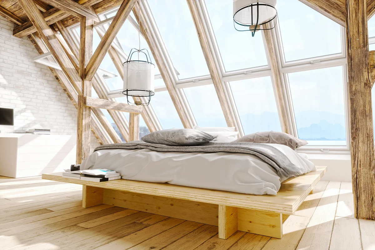 Scandinavian style attic bedroom with beautiful sea and mountain view.