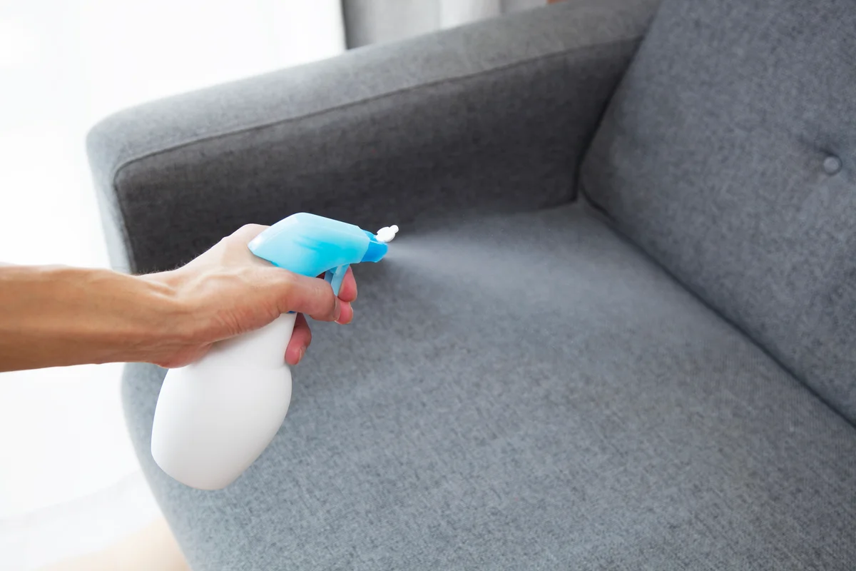 Spraying couch with air freshener