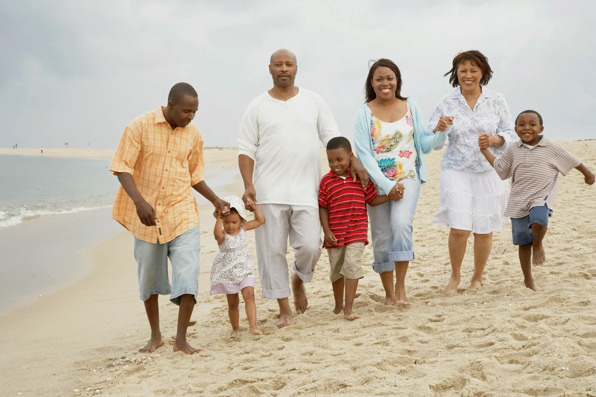 Three generation family walking together on the beach