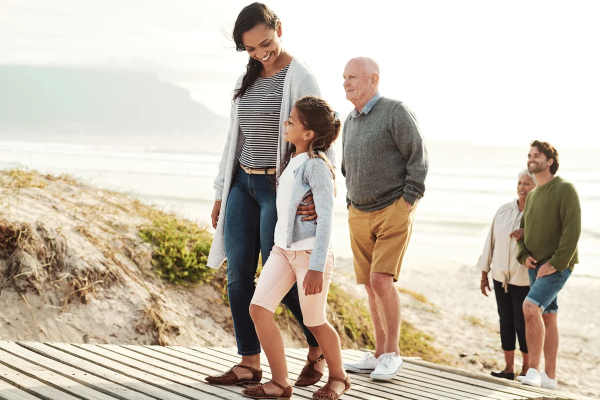 Family walking together at the beach during the day