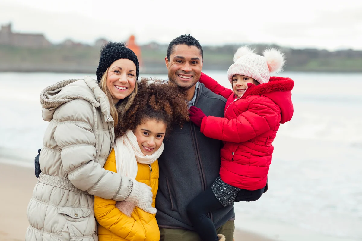 Happy family at the beach on a winter day