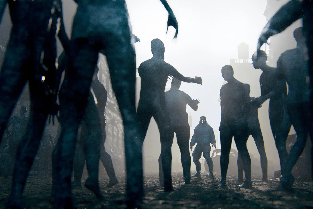 Zombie apocalypse survivor against hordes of undead