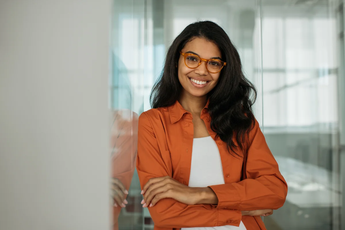 smiling woman wearing glasses