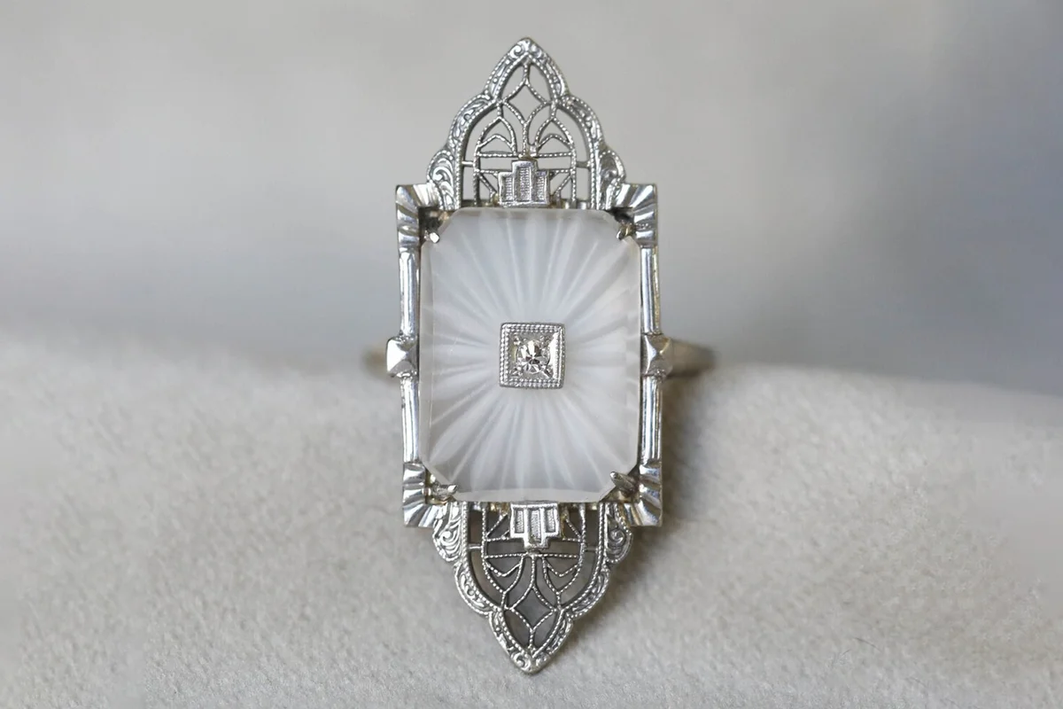Vintage Camphor Glass Diamond 14k White Gold Ring