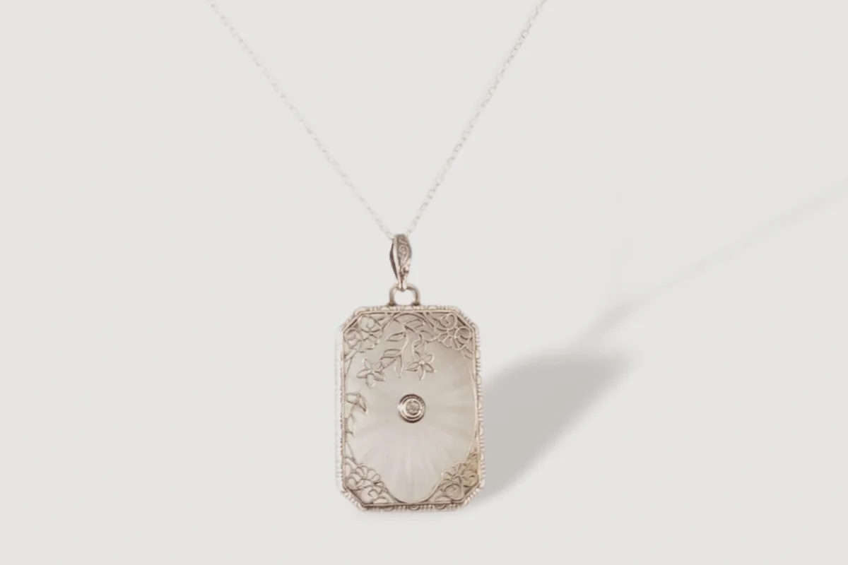 Antique sterling silver camphor glass diamond floral filigree Edwardian art deco lavaliere necklace