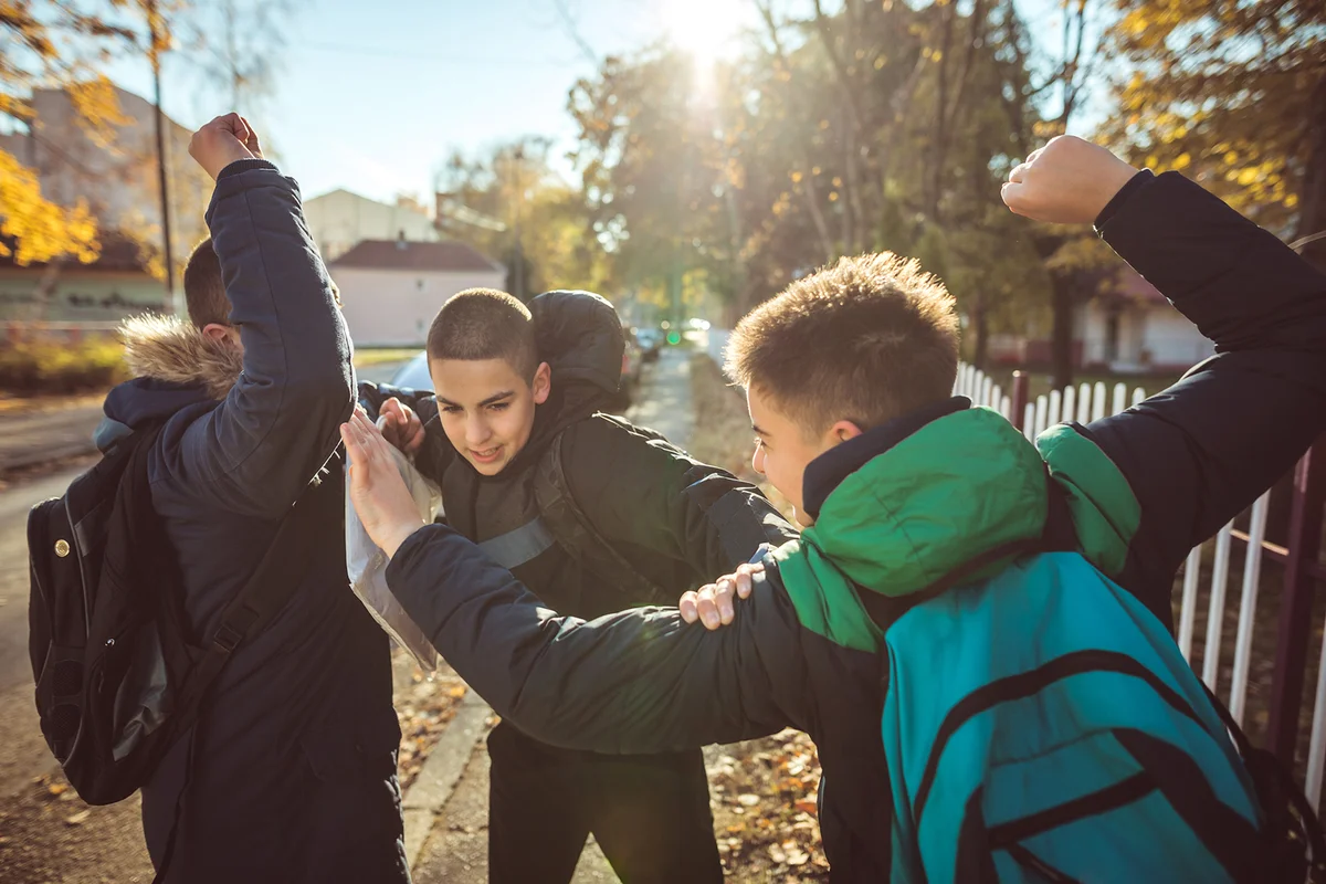 Way to school. Two angry teenage boys