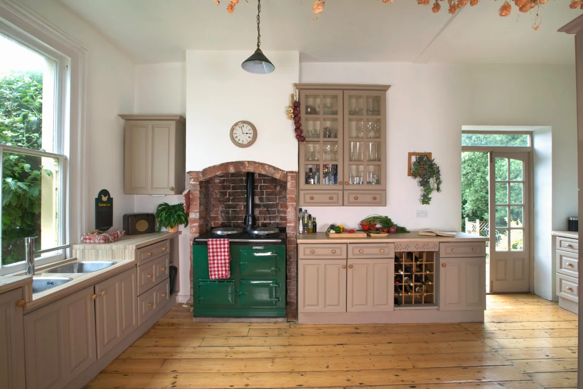 kitchen with wood burning stove