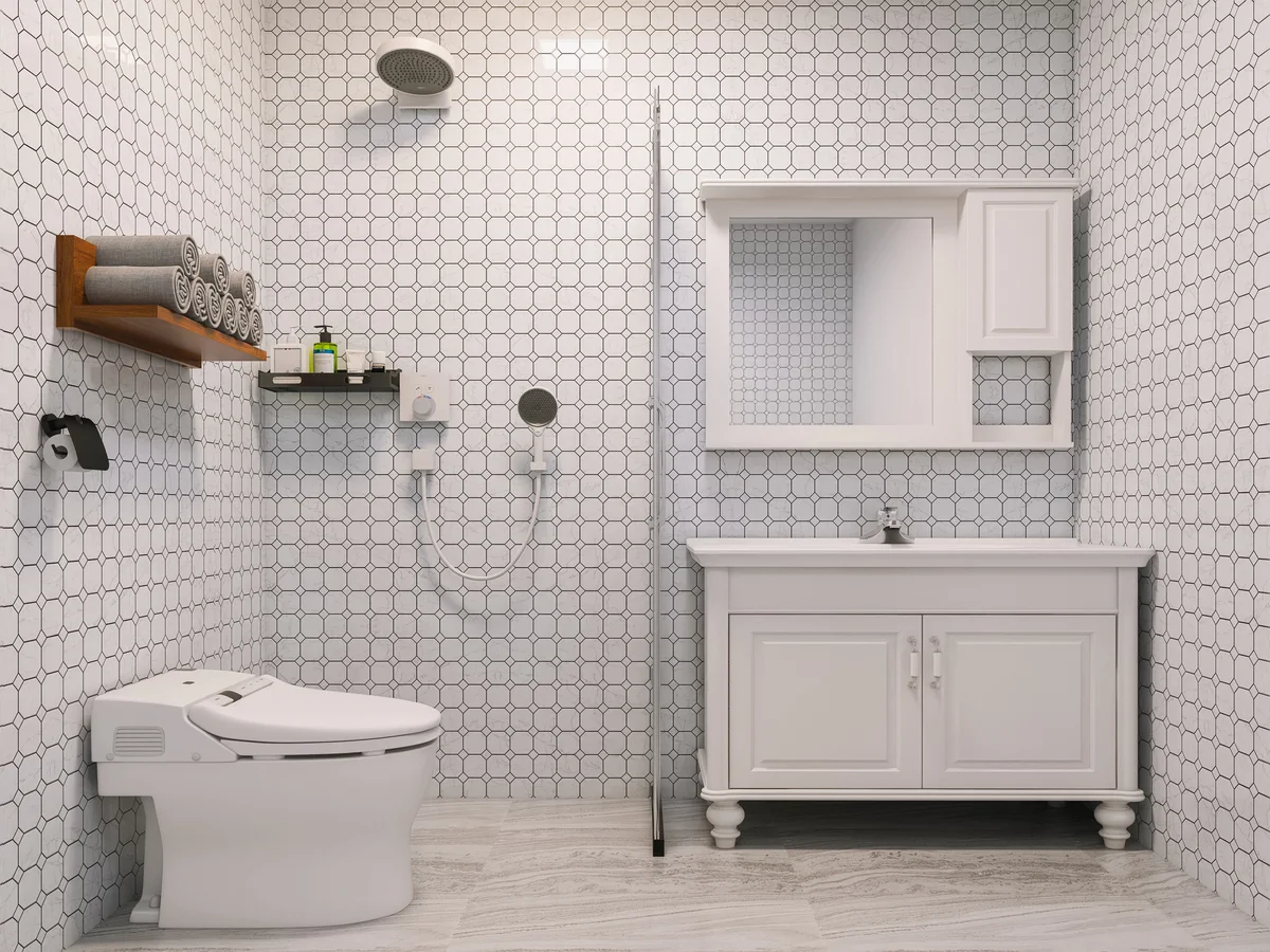 bathroom with rolled towels on shelf