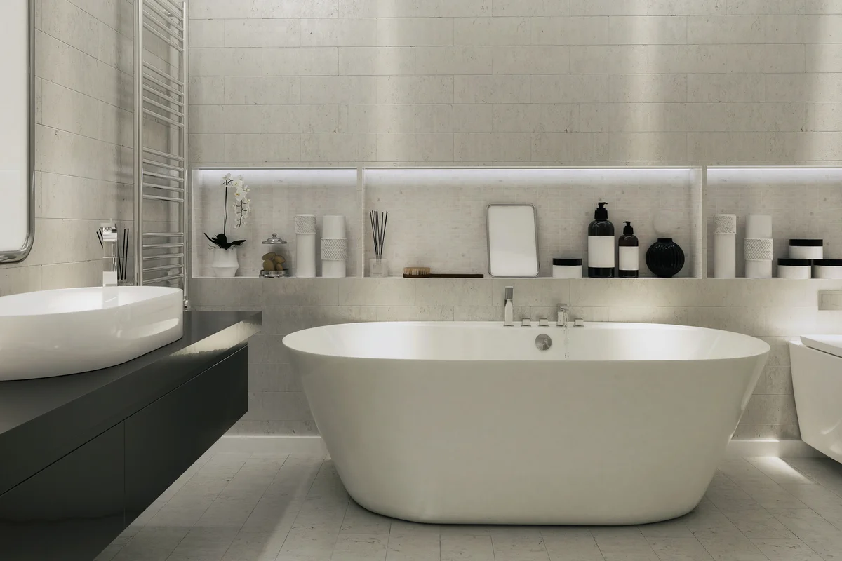 shelf behind a bathtub