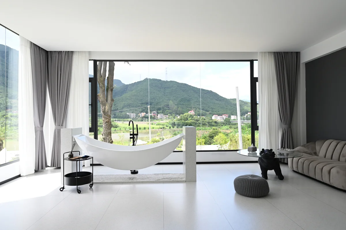 modern bathroom with rolling cart