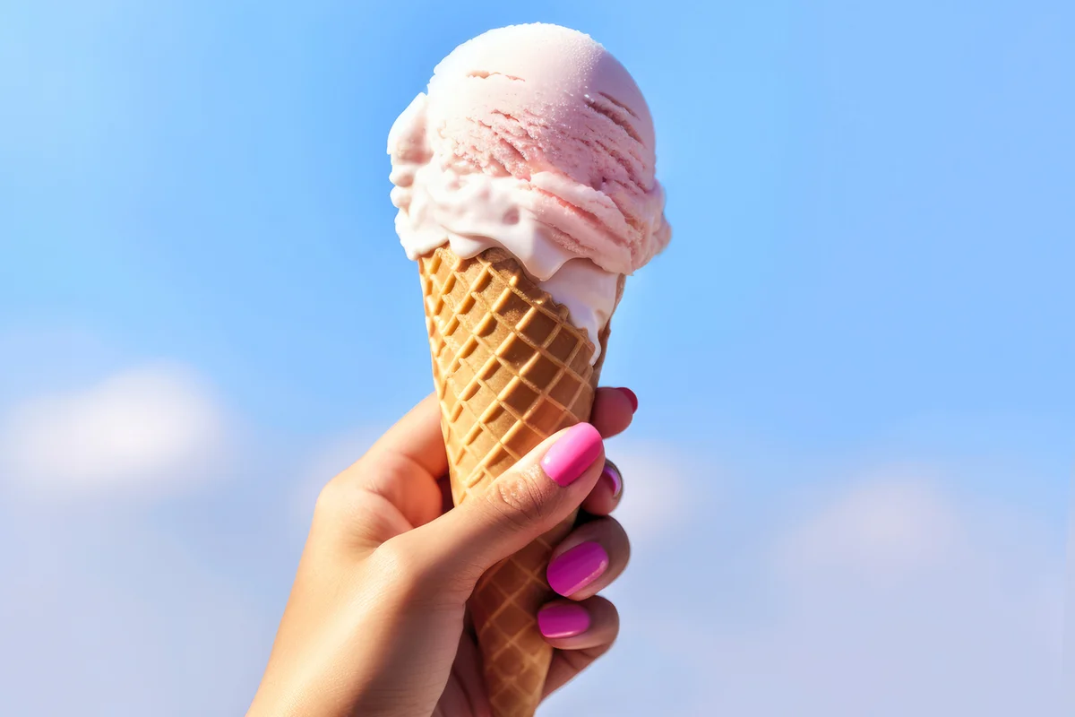 Hand holding of Juicy Ice Cream Cone in lavender pink color on blue sky background
