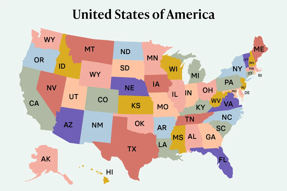 Colorful United States vector map illustration with state labels