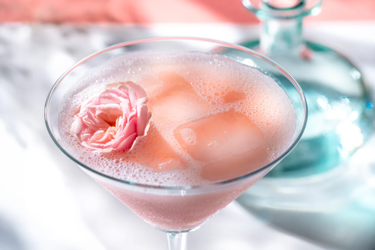 Rose or Rosé cocktail with pink rose flower on white and pink background