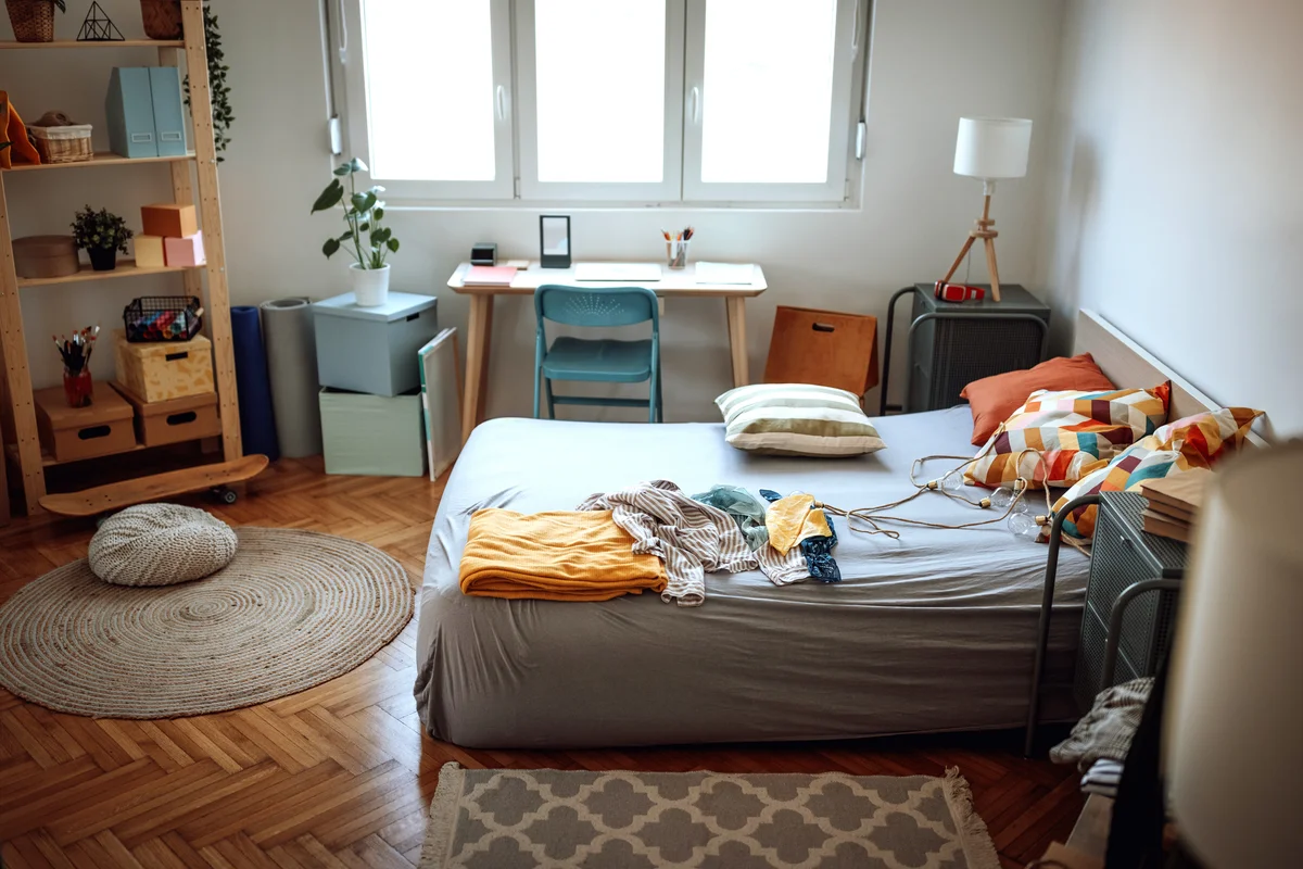 dorm room with storage bins