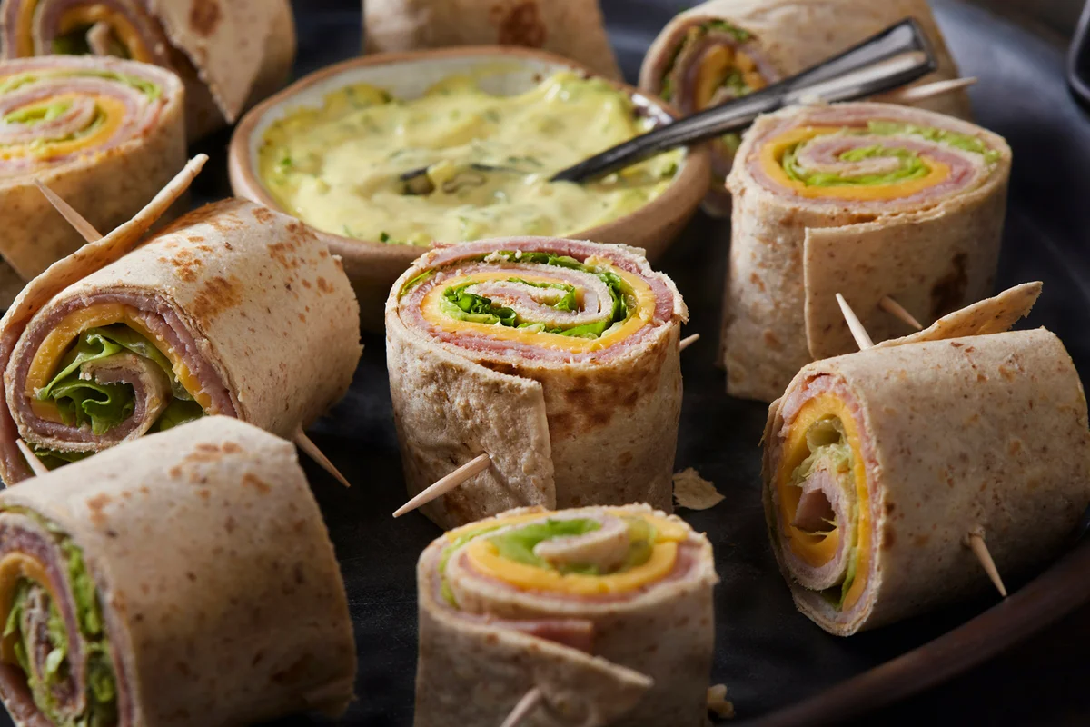 Ham, Lettuce and Cheese Pinwheel Sandwiches with a Mustard and Mayo Dip